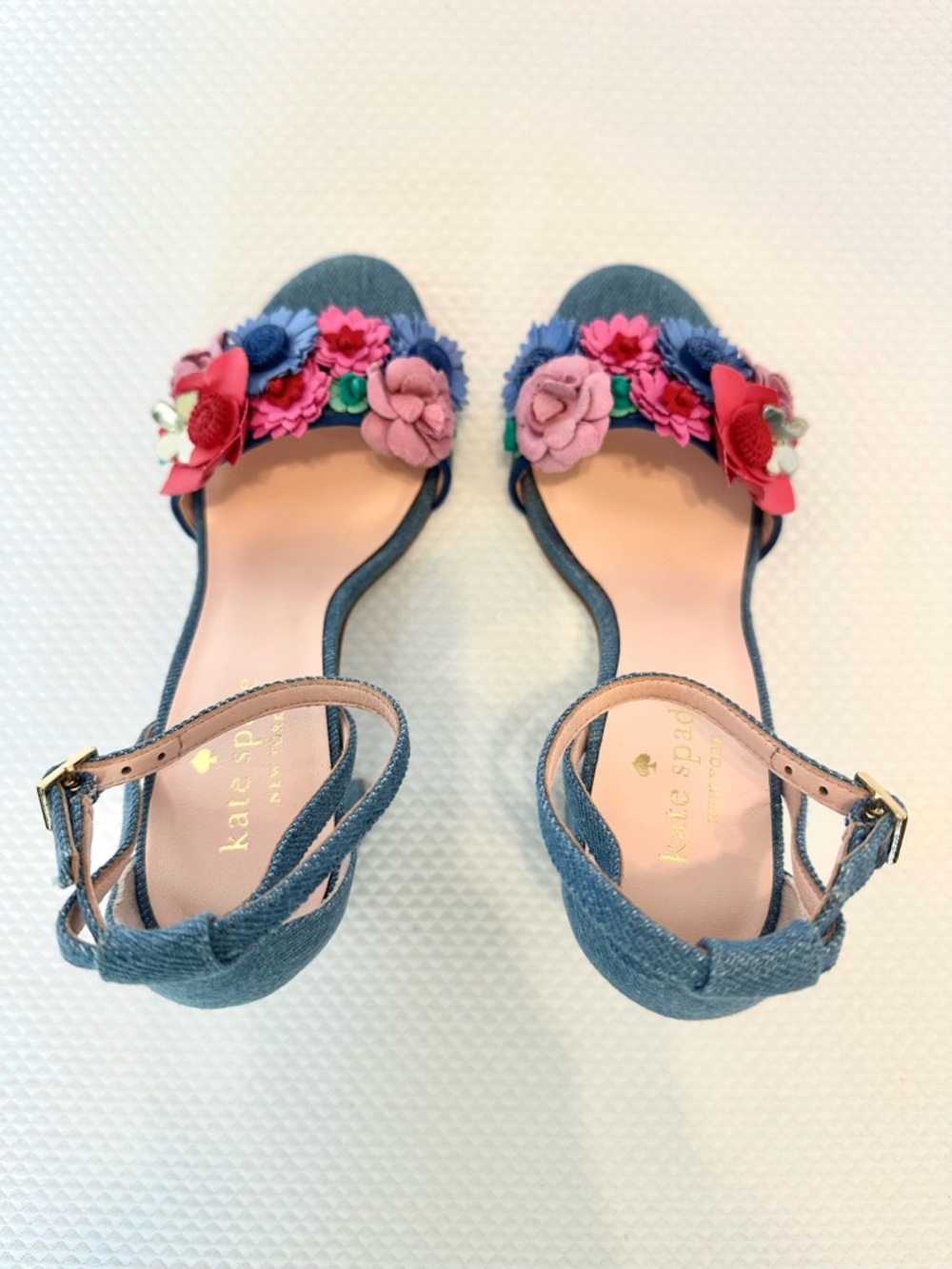 Kate Spade NY RARE Blue Denim Block Heel Sandals with Floral Appliqué Festive - Picture 4 of 10